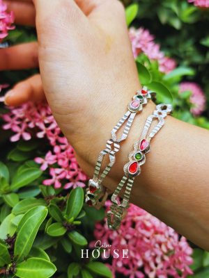 Sterling Silver bangles Green and Red meenakari , Kangan