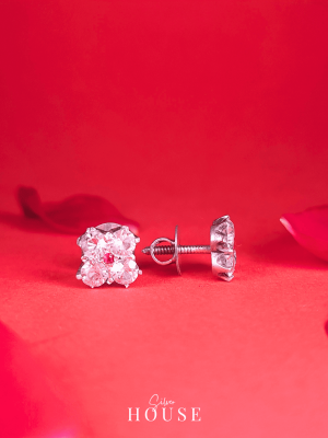 Tivona Silver Diamond Stud Earrings with Pink Stone