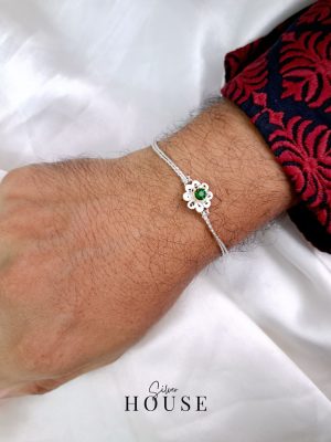 Emerald Green Stone Flower Sterling Silver Rakhi