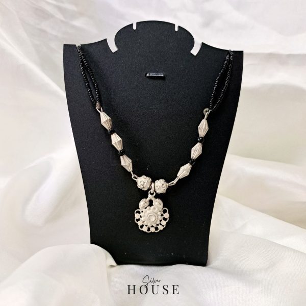 Rutvi Black Bead Silver Necklace by Silver House