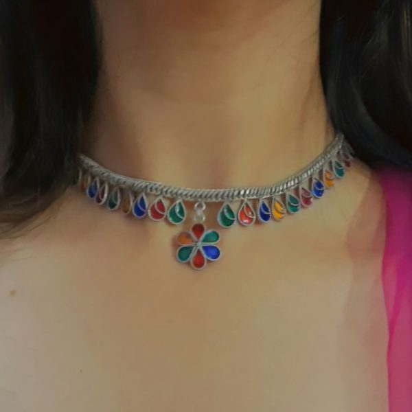 Colourful Meenakari Sterling Silver Necklace Set