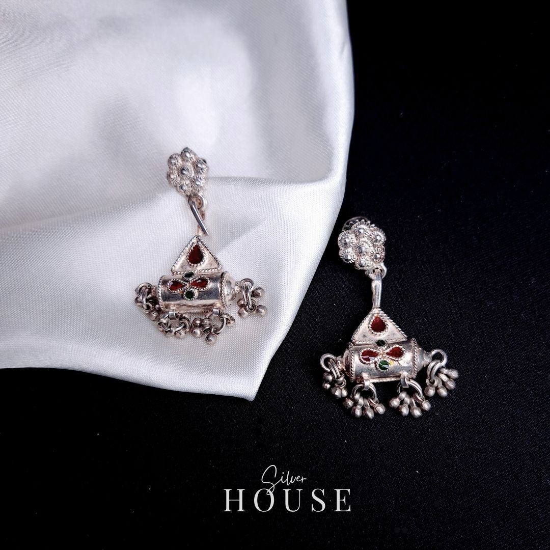 Triangular Meenakari Silver Earrings