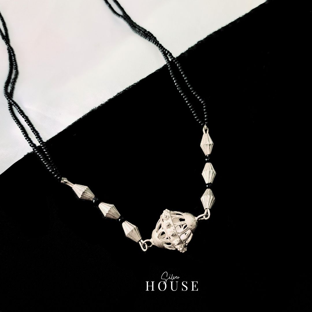 Sanvika Black Bead Silver Necklace by Silver House