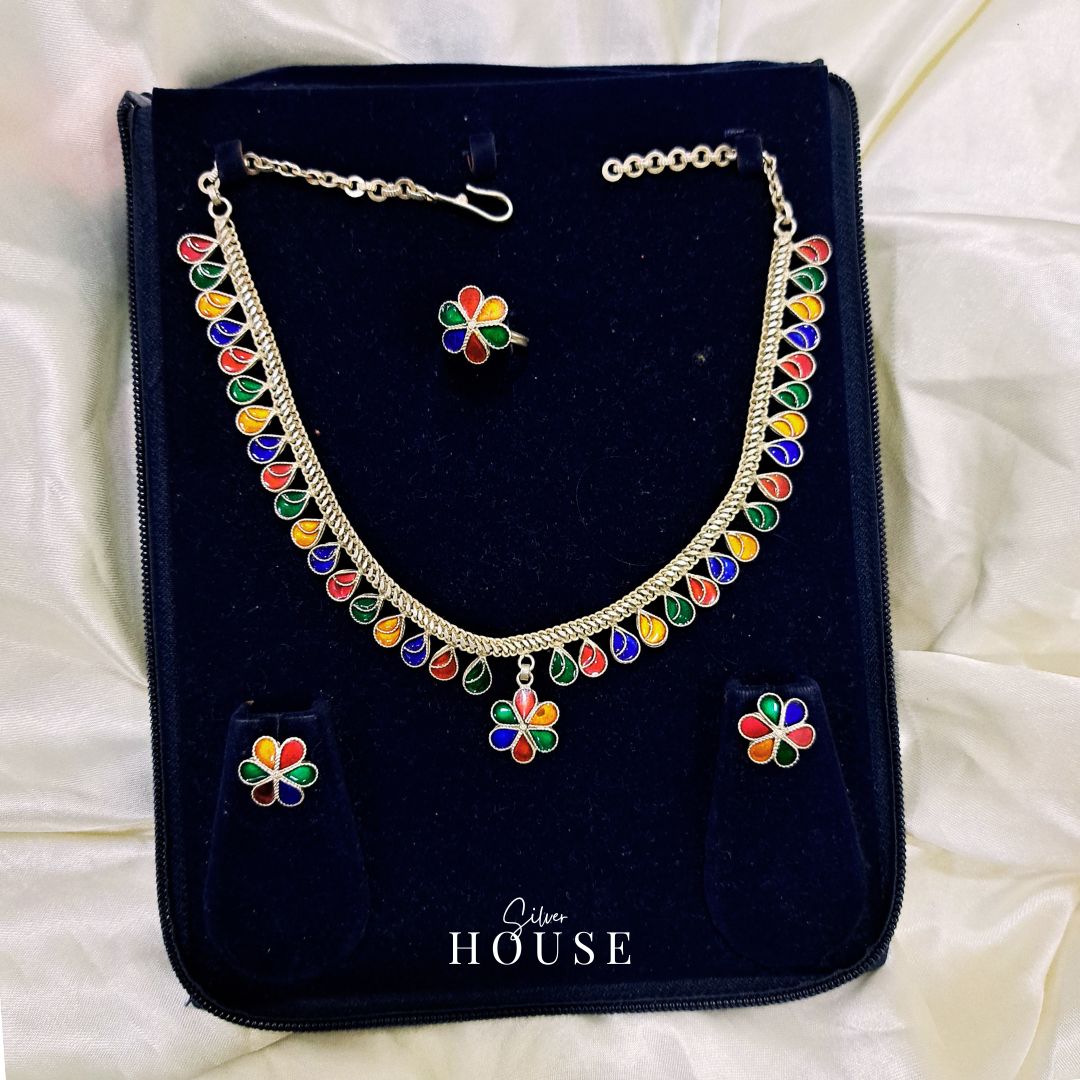 Colourful Meenakari Sterling Silver Necklace Set