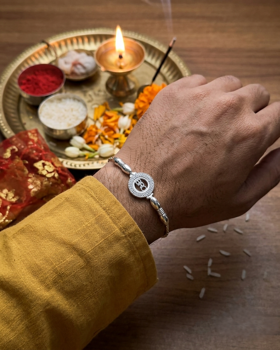 925 Silver Rakhi Bracelet - Circular BRO with Cz Diamonds - Image 3
