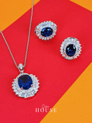Royal Blue Oval Stone with Cz Diamond 925 Silver Pendant Set