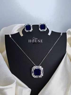 Square Royal Blue Silver Pendant Set