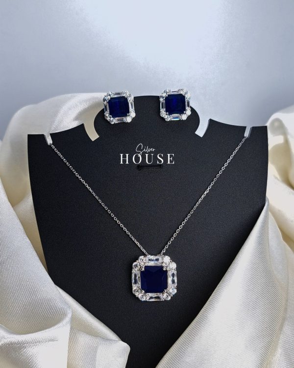 Square Royal Blue Silver Pendant Set