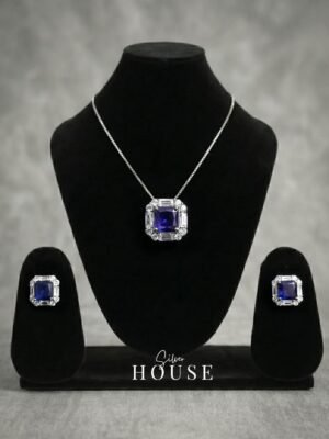 Royal Blue Square with Cz Diamond 925 Silver Pendant Set