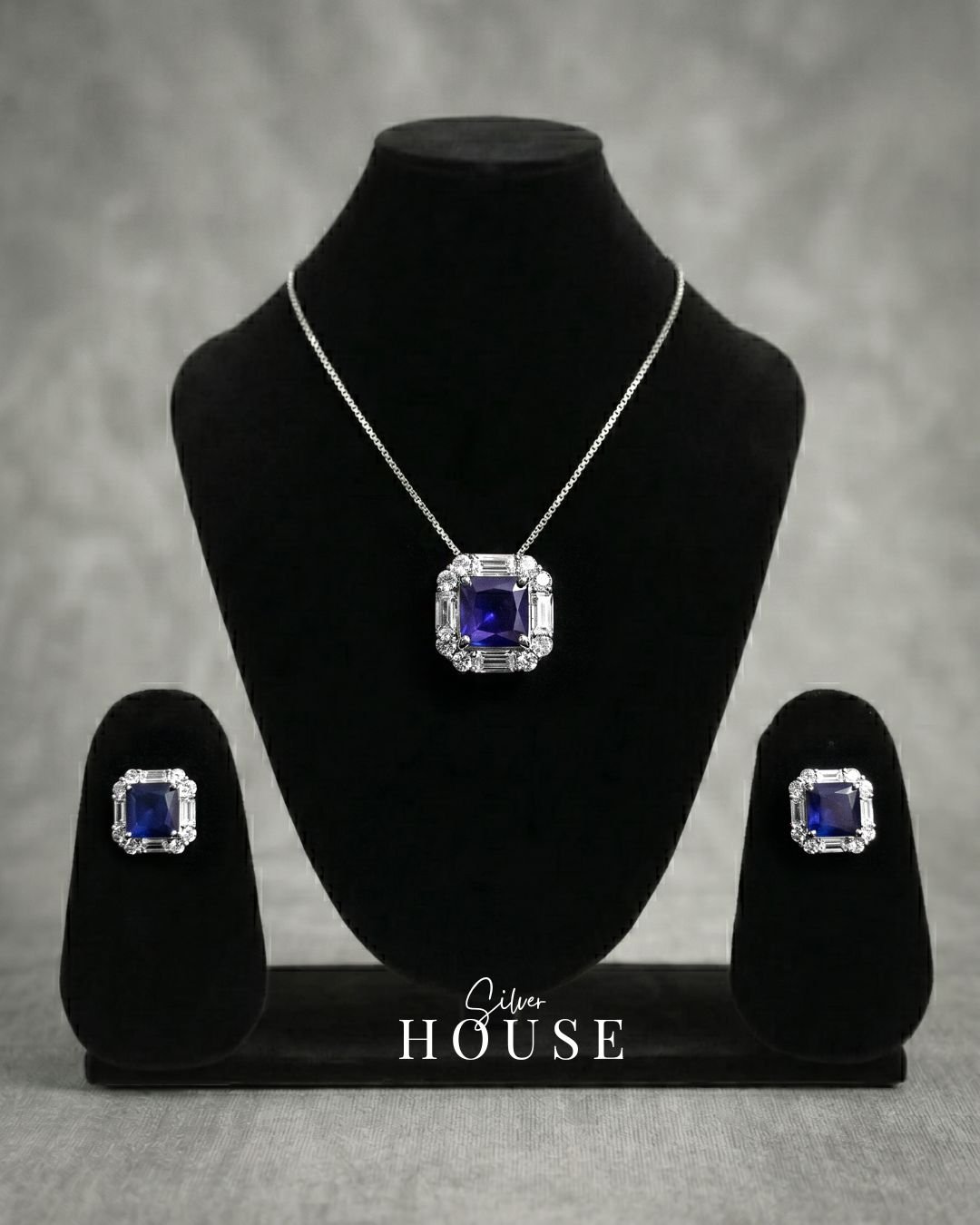 Royal Blue Square with Cz Diamond 925 Silver Pendant Set