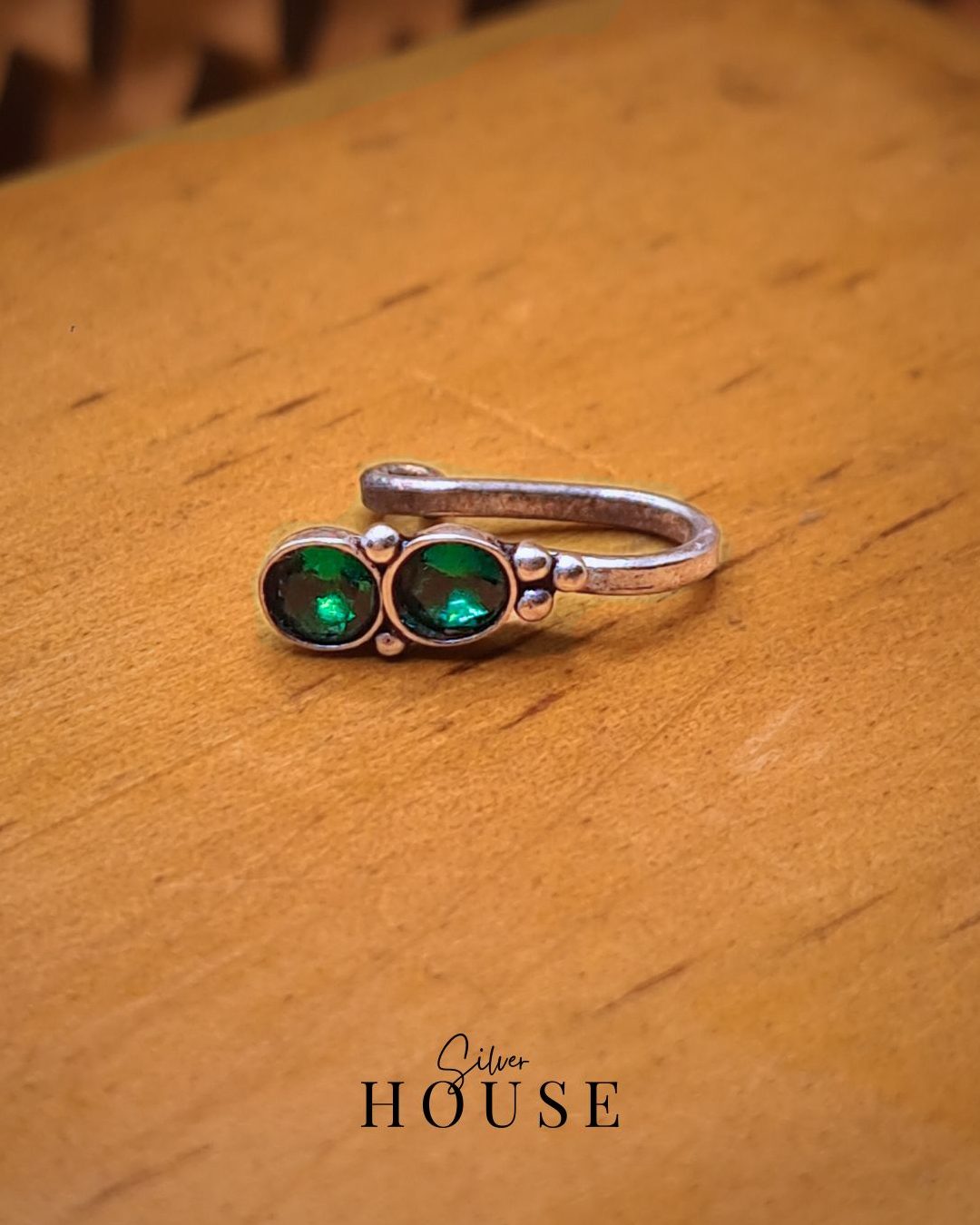 925 Silver Nose Pin Double Green Stone (Clip On)-1