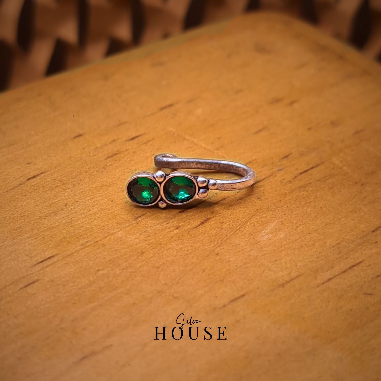 925 Silver Nose Pin Double Green Stone (Clip On)-1