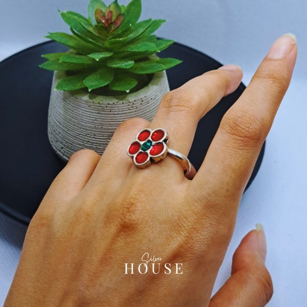 925 Silver Red Flower Ring, light weight silver ring, adjustable silver ring