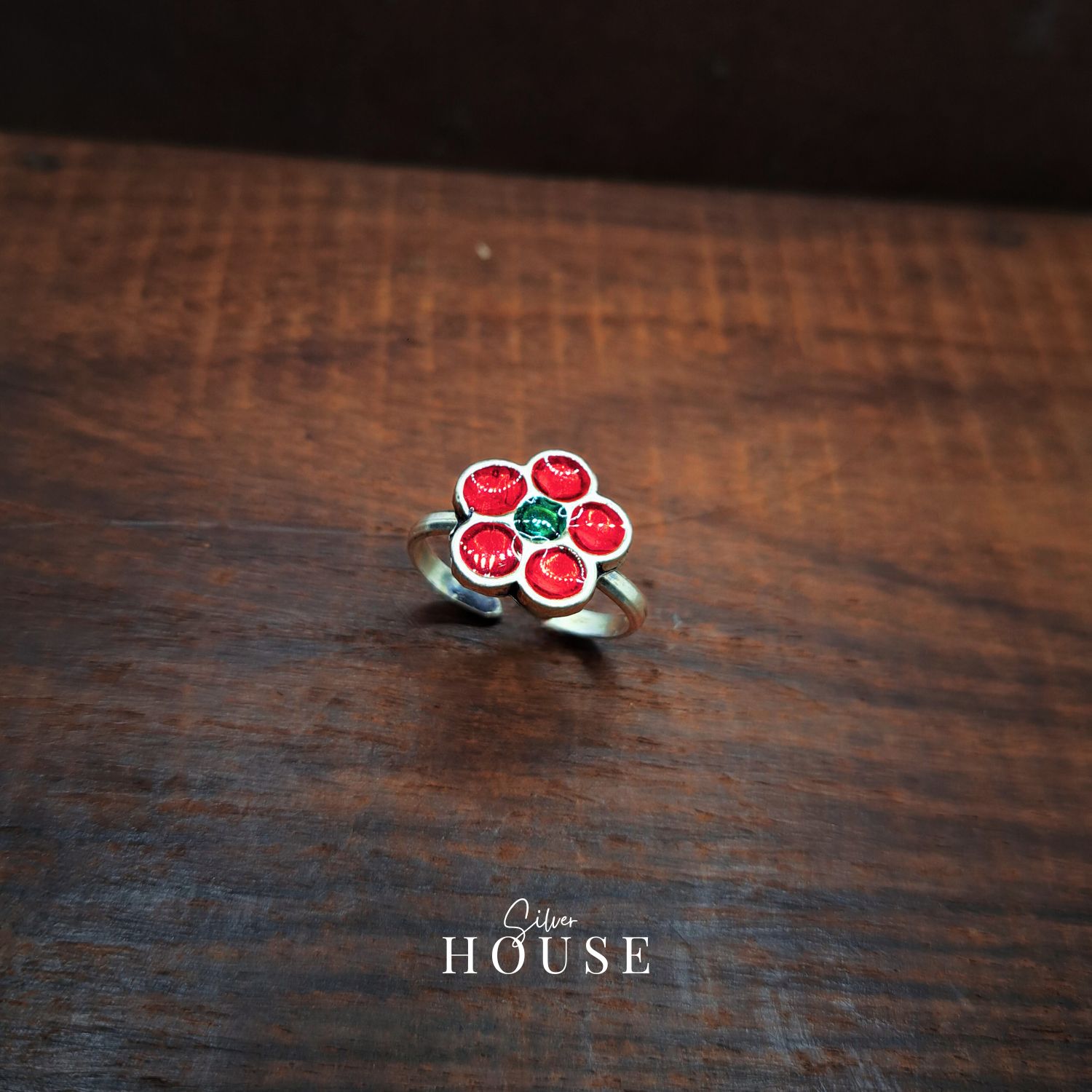 925 Silver Red Flower Ring, light weight silver ring, adjustable silver ring