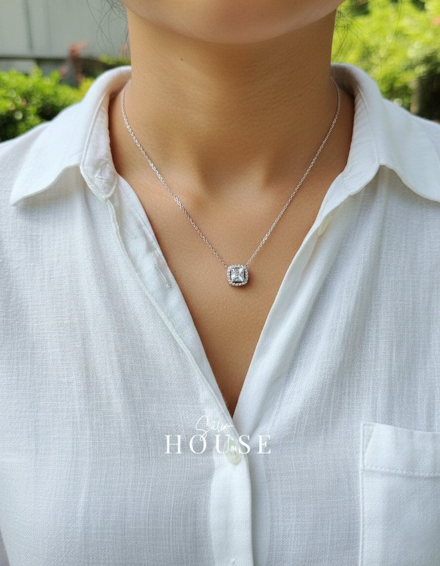 Silver Cushion Cut Cz Diamond Halo Necklace
