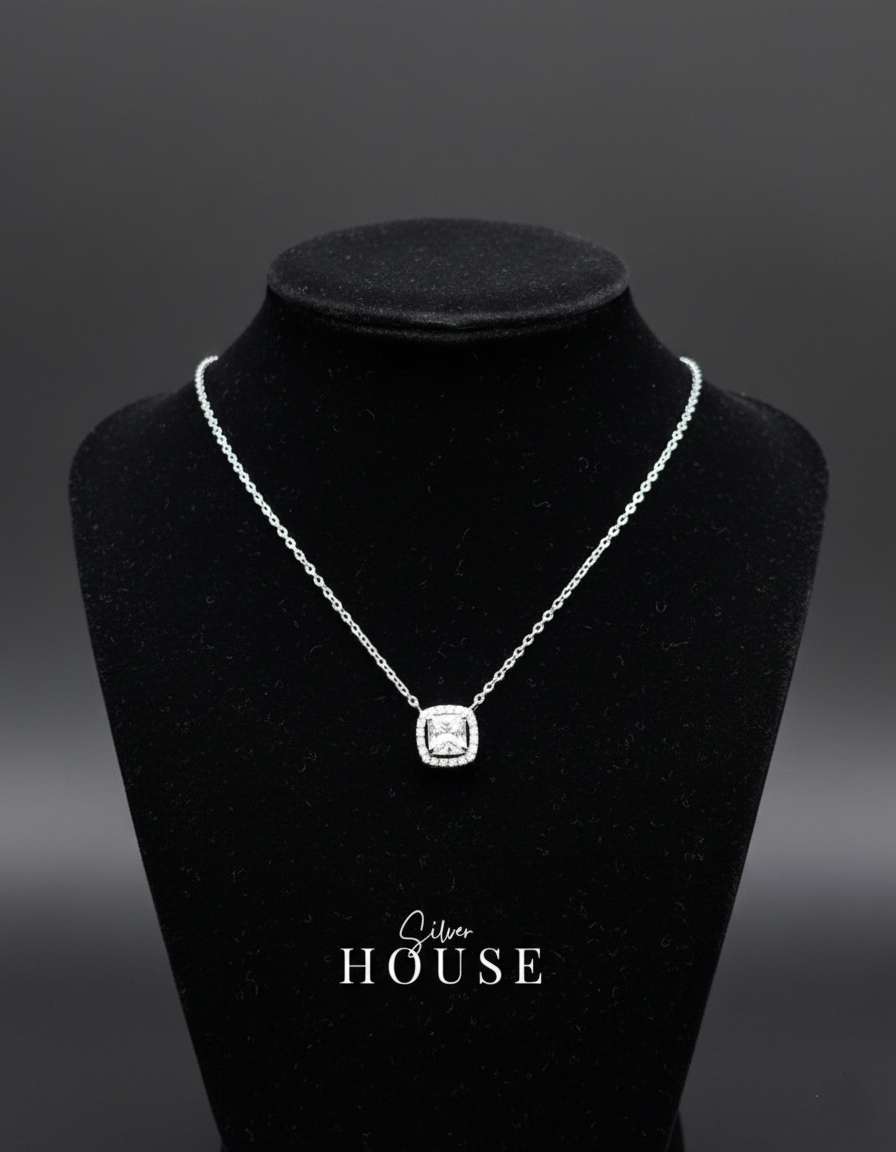 Silver Cushion Cut Cz Diamond Halo Necklace