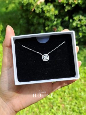 Silver Cushion Cut Cz Diamond Halo Necklace