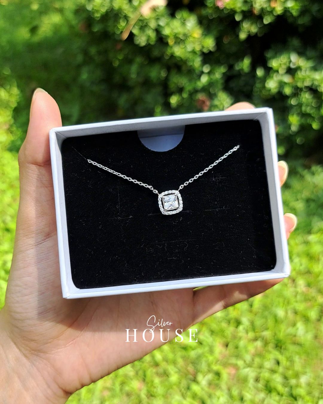 Silver Cushion Cut Cz Diamond Halo Necklace