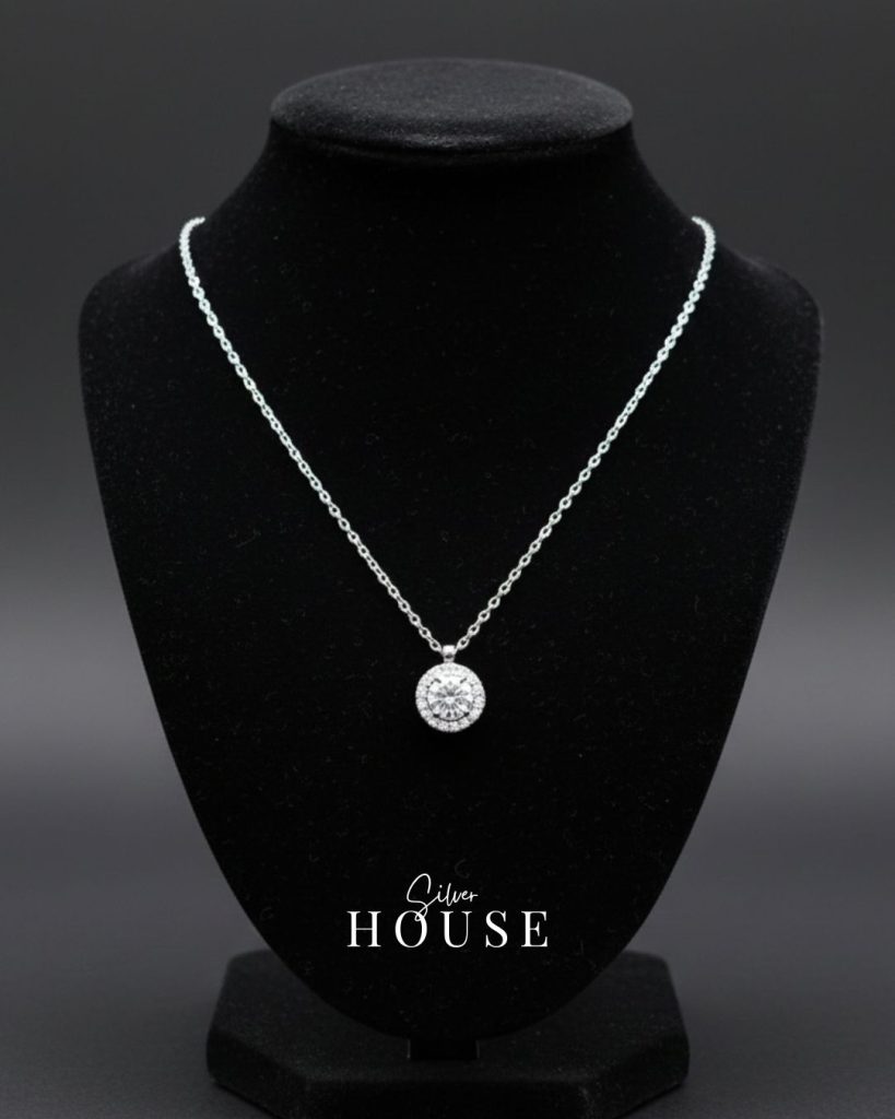 925 Silver Round Diamond Halo Necklace