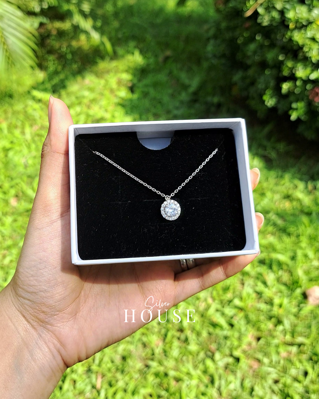 925 Silver Round Diamond Halo Necklace