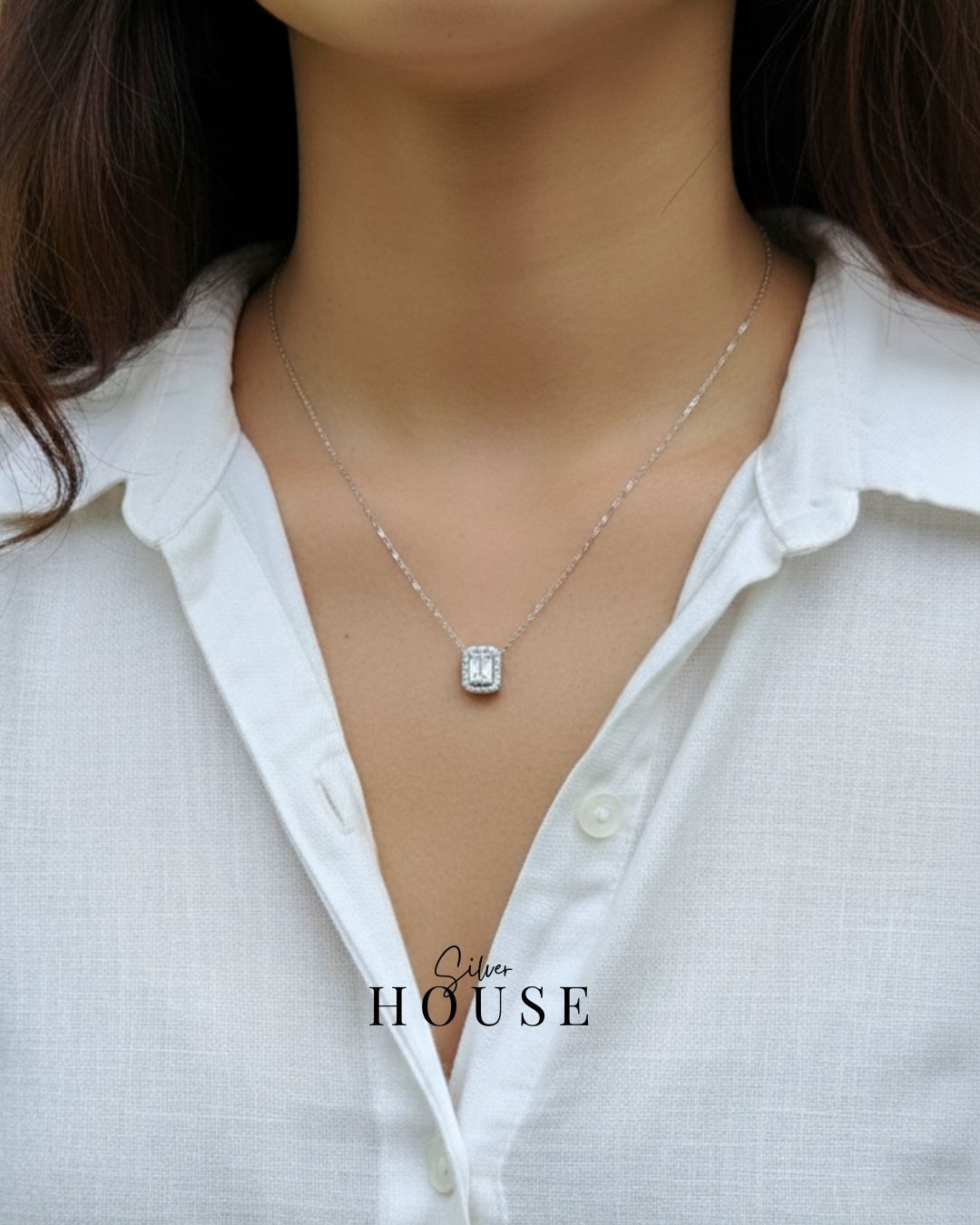 Silver Radiant Cut Cz Diamond Halo Necklace