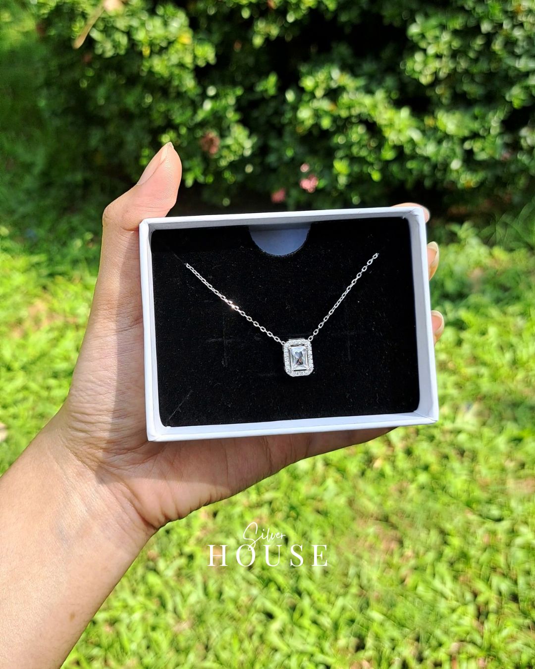 Silver Radiant Cut Cz Diamond Halo Necklace