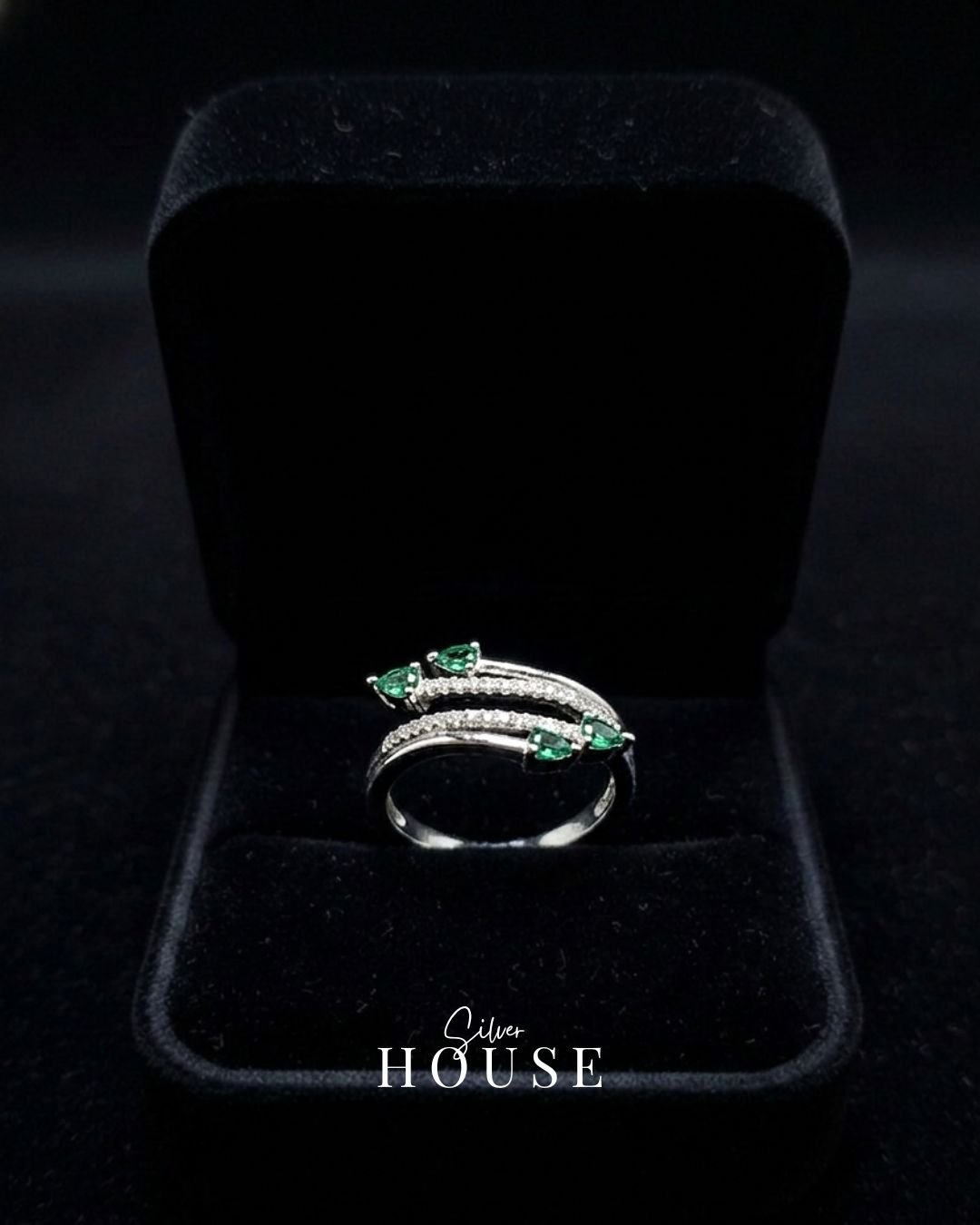 925 Silver Emerald CZ Bypass Ring, beautiful cocktail ring