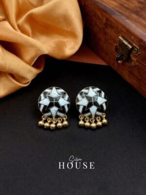 925 Silver Meenakari Star Stud Earrings with Ghungroo with Blue and Black