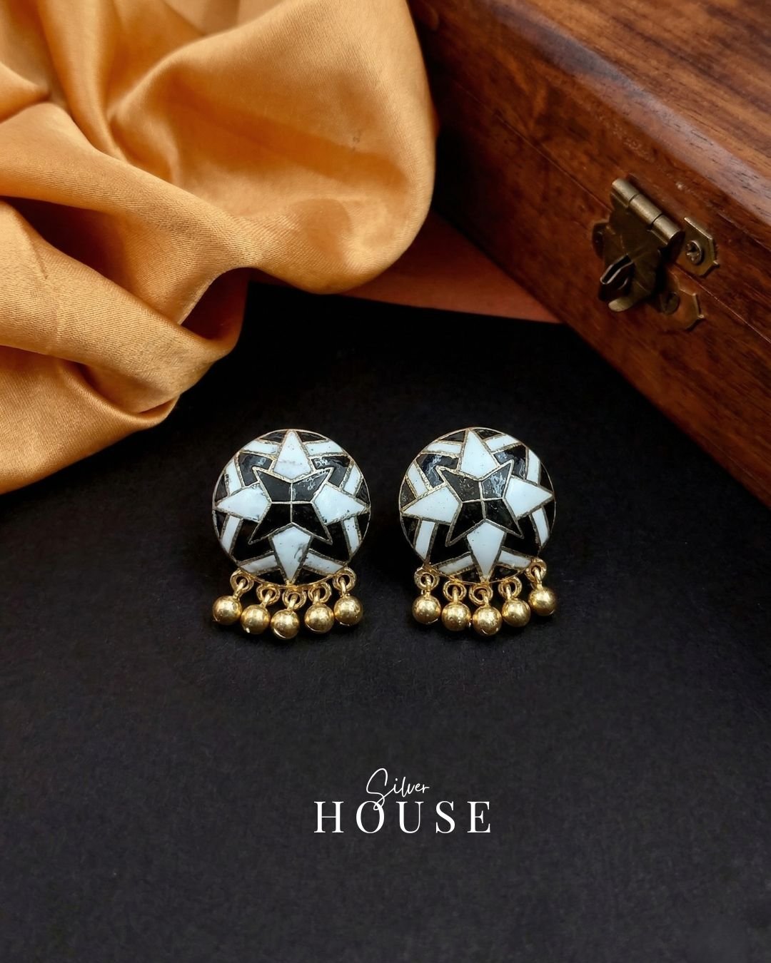 925 Silver Meenakari Star Stud Earrings with Ghungroo with Blue and Black
