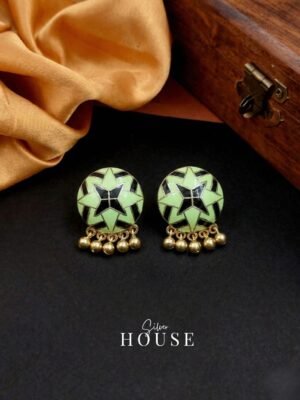 925 Silver Meenakari Star Stud Earrings with Ghungroo with Green and Black