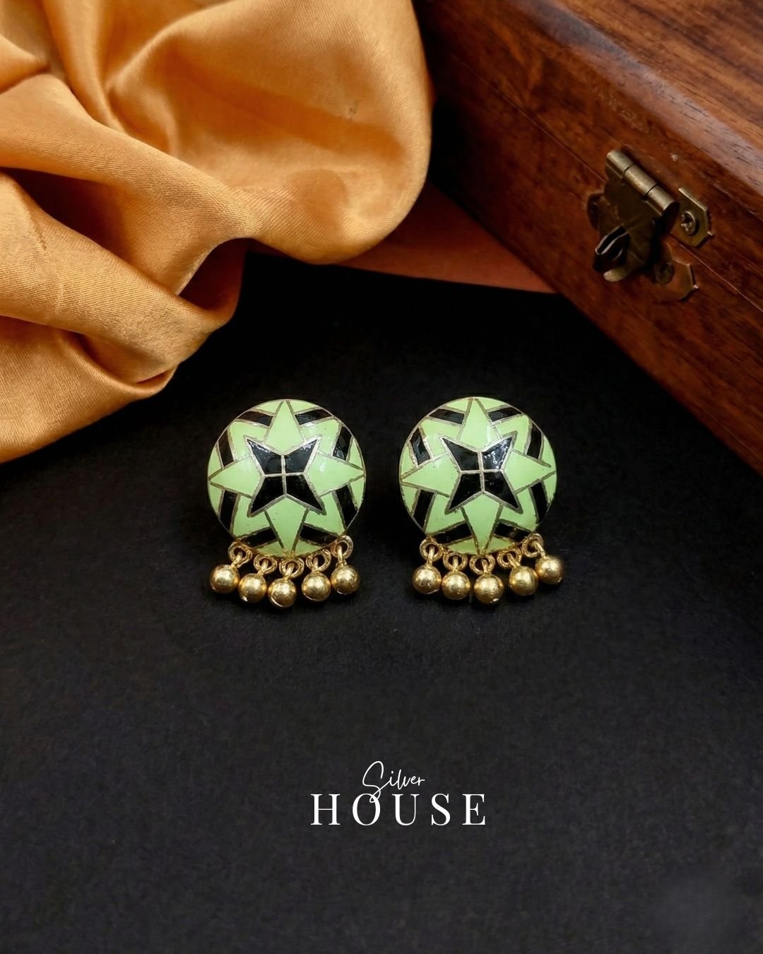 925 Silver Meenakari Star Stud Earrings with Ghungroo with Green and Black