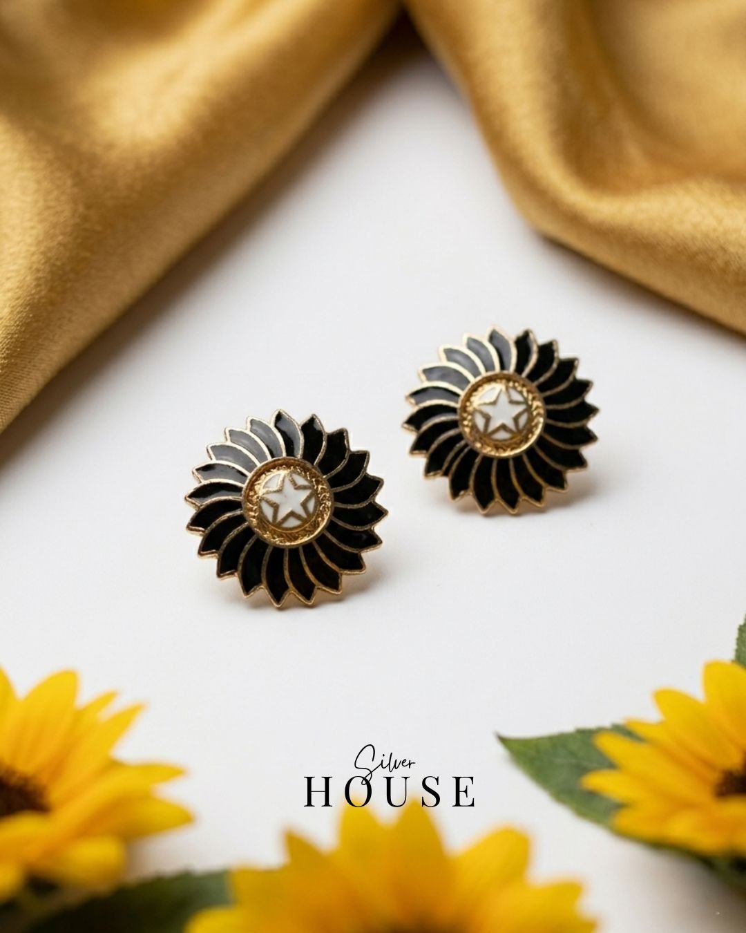 925 Silver Meenakari Sunflower Earrings - Black by Silver House