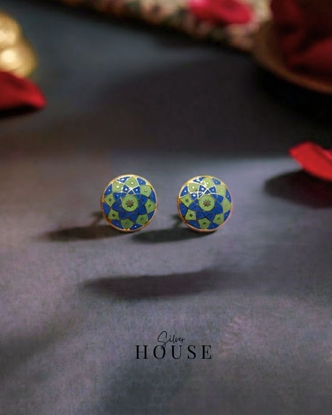 925 Silver Mini Meenakari Stud Earrings Blue & Green