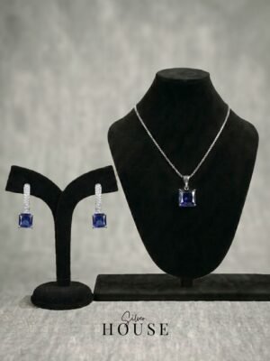 Silver Blue Square CZ Pendant with Huggie Drop Earring Set by Silver House