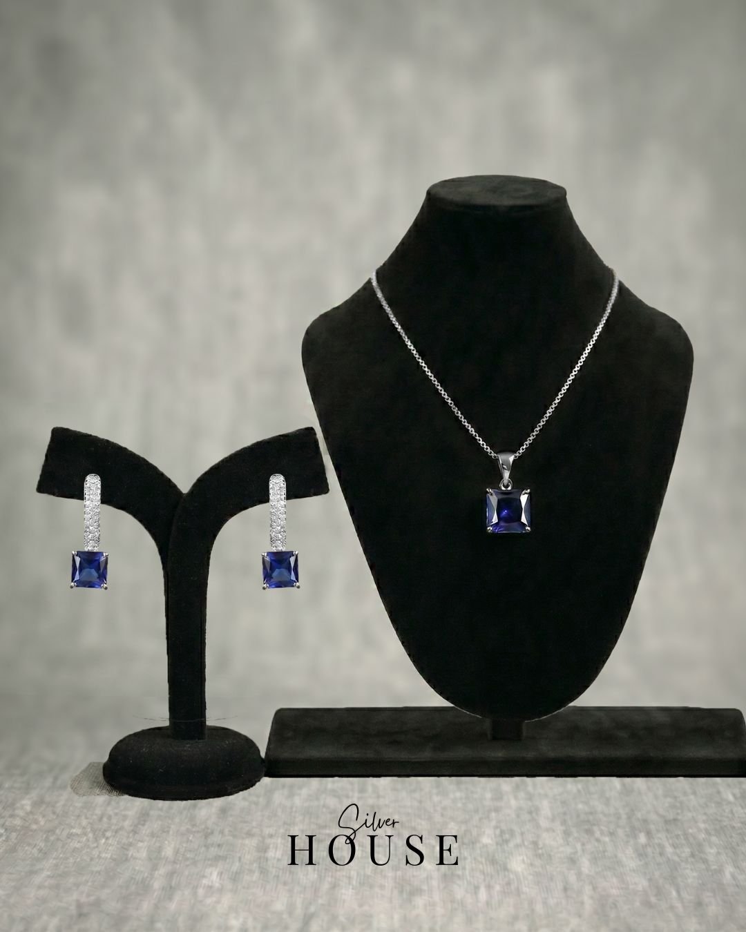 Silver Blue Square CZ Pendant with Huggie Drop Earring Set by Silver House