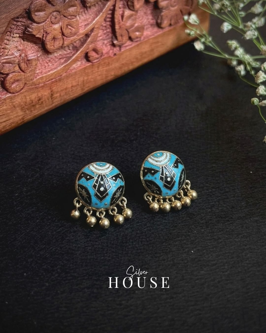 925 silver meenakari stud earrings mor baug style - Blue