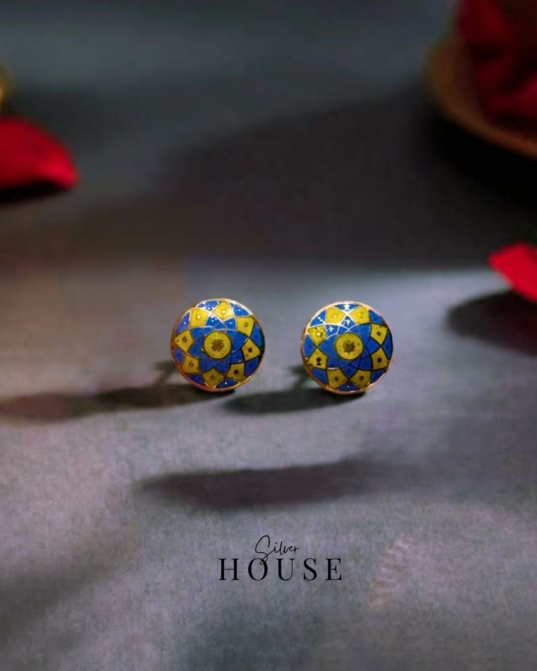 925 Silver Mini Meenakari Stud Earrings Blue & Yellow