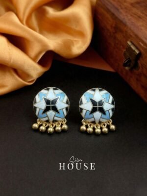 925 Silver Meenakari Star Stud Earrings with Ghungroo with Blue and Black