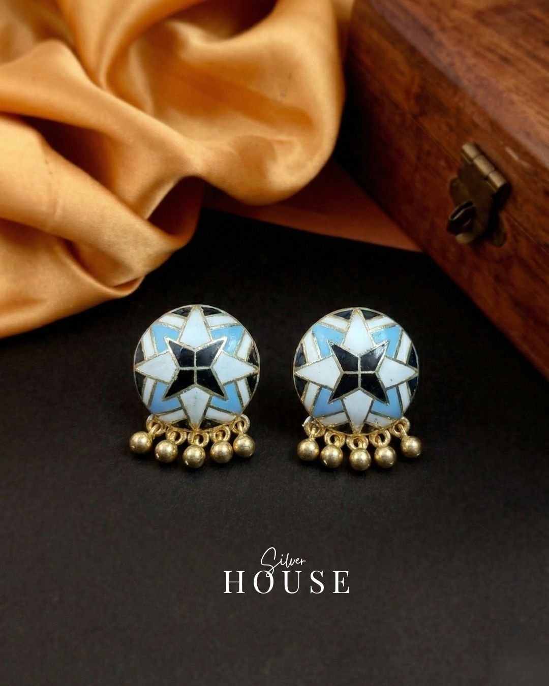 925 Silver Meenakari Star Stud Earrings with Ghungroo with Blue and Black