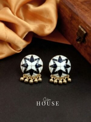 925 Silver Meenakari Star Stud Earrings with Ghungroo with Black and white