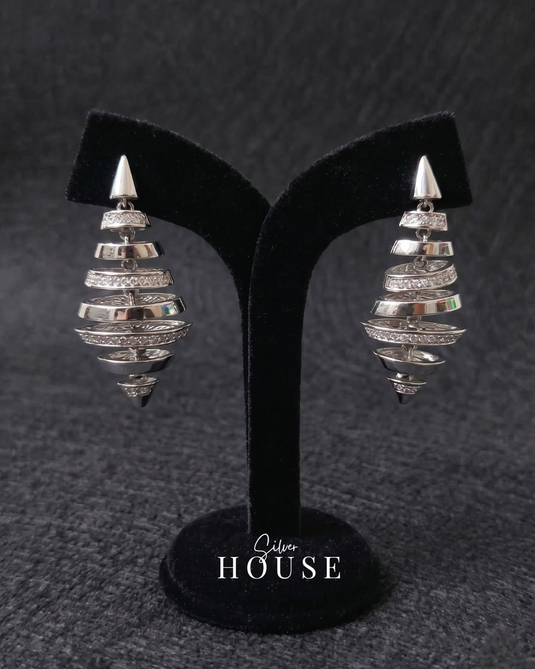 Silver Spiral Stack CZ Drop Earrings by Silver House