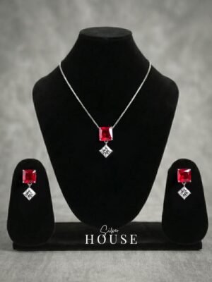 Silver Square Red CZ Square Drop Pendant Set by Silver House
