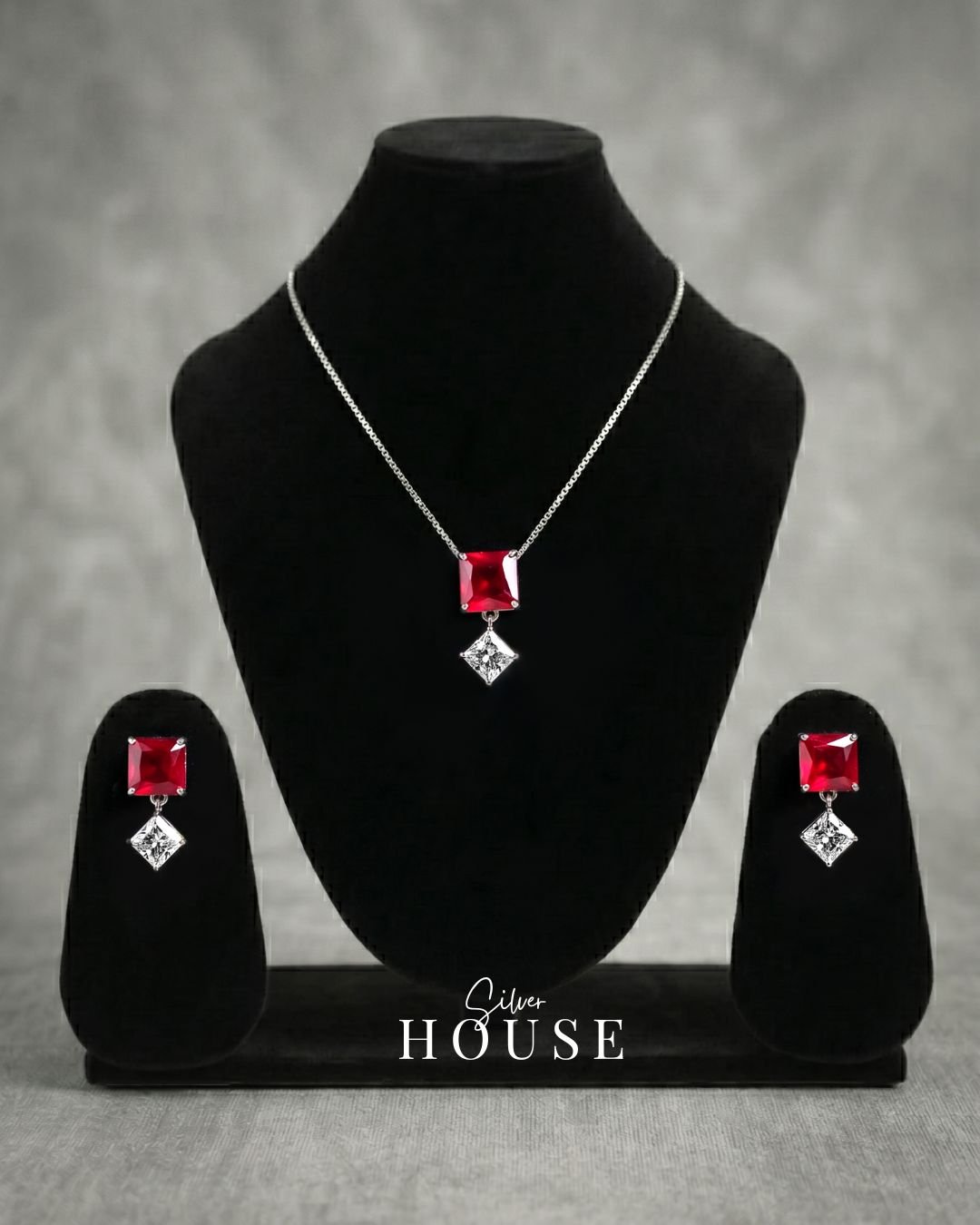 Silver Square Red CZ Square Drop Pendant Set by Silver House