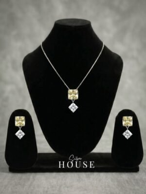 Silver Square Yellow CZ Square Drop Pendant Set by Silver House