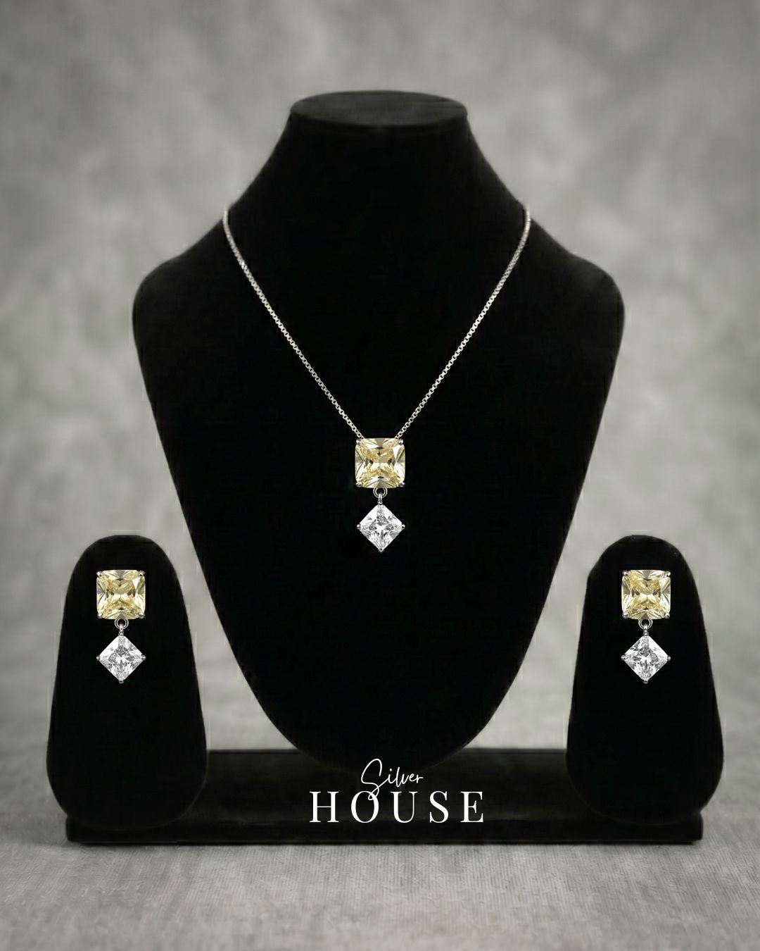Silver Square Yellow CZ Square Drop Pendant Set by Silver House