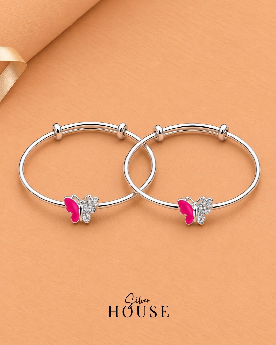 925 Silver Pink Butterfly CZ Bangle for Baby